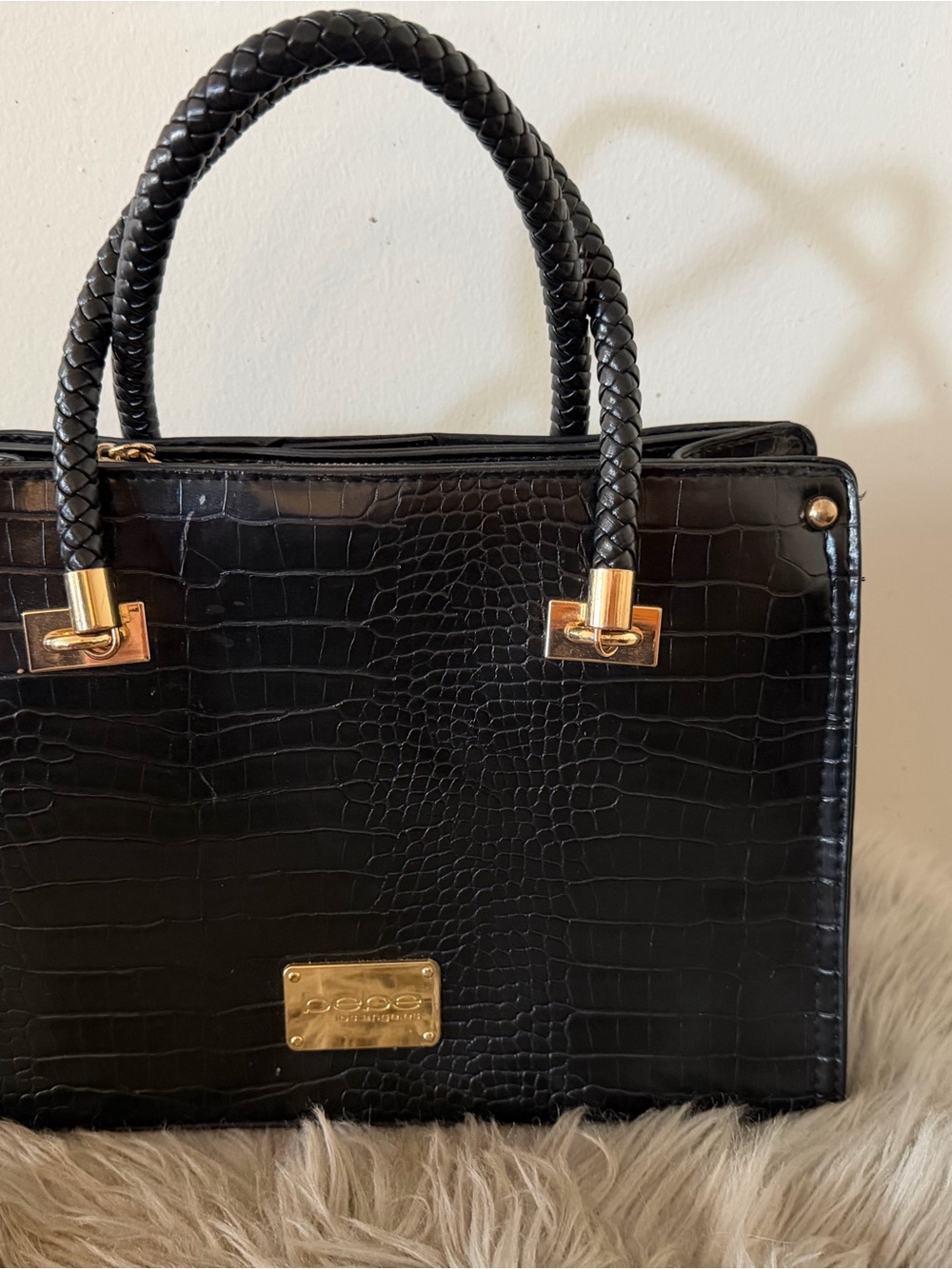 bebe Black Croc-Embossed Satchel with Gold Hardware